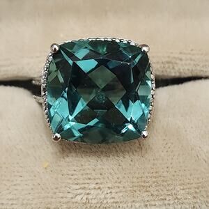 Simulated Lagoon Tourmaline Ring Halo 925 Sterling Silver Sz 4.75 Bold Chunky